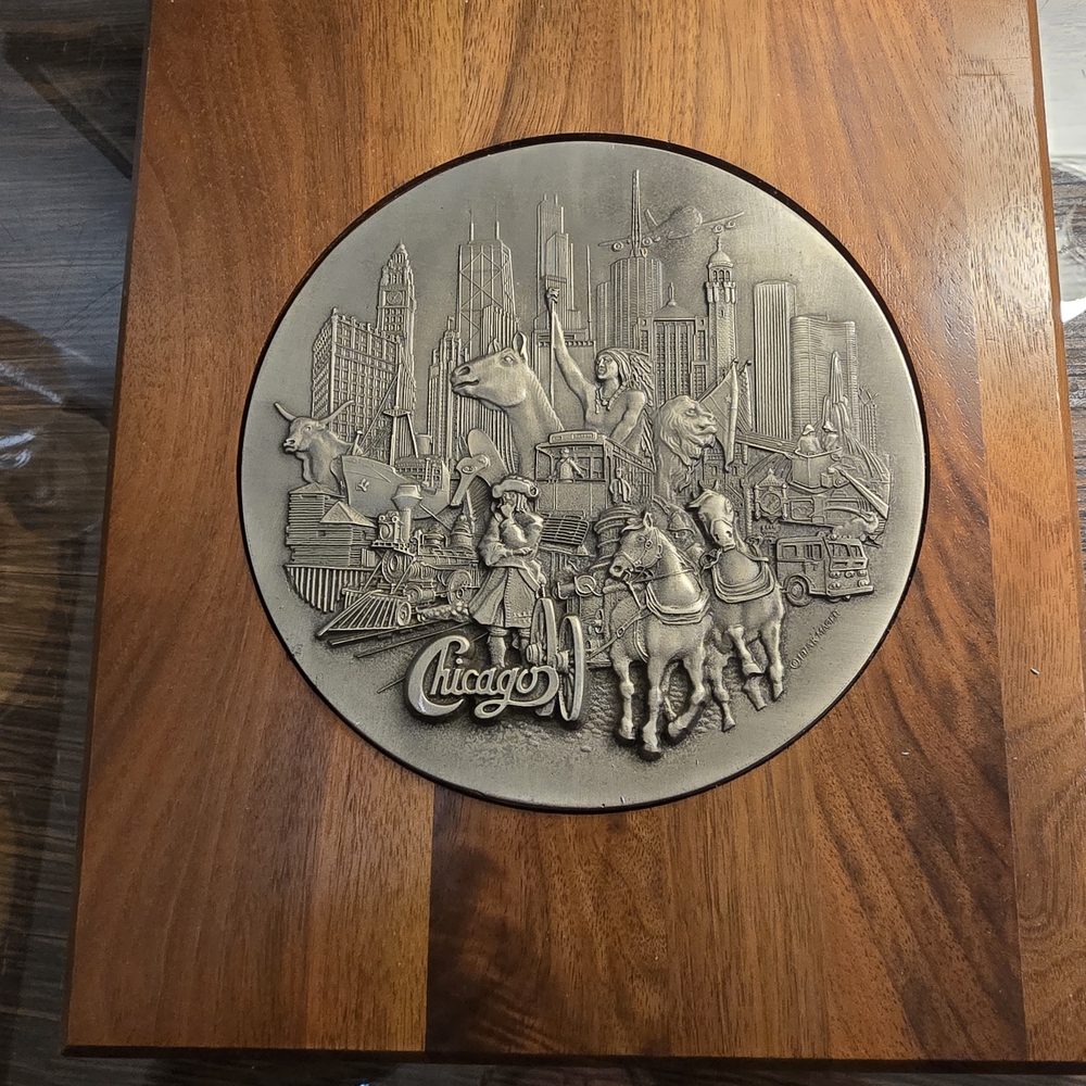 Vintage 1975 Kurt Mager Chicago History Pewter Relief Wall Plaque - Walnut Base
